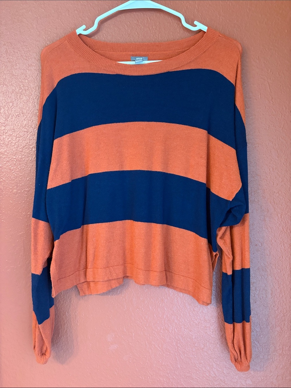 aerie Orange & Navy Striped Pullover Sweatshirt